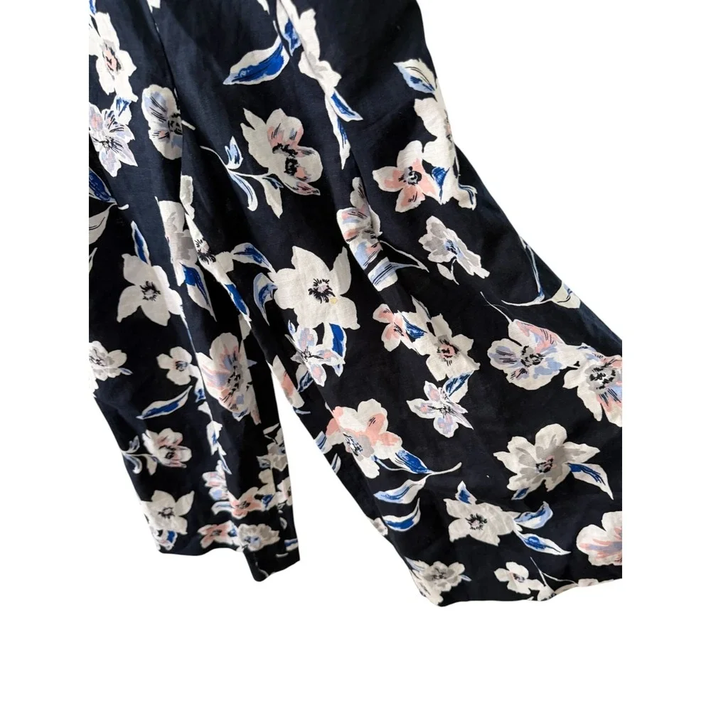 Banana Republic Floral Linen‎ Cotton Wide Leg Strappy Jumpsuit Navy Womens 4